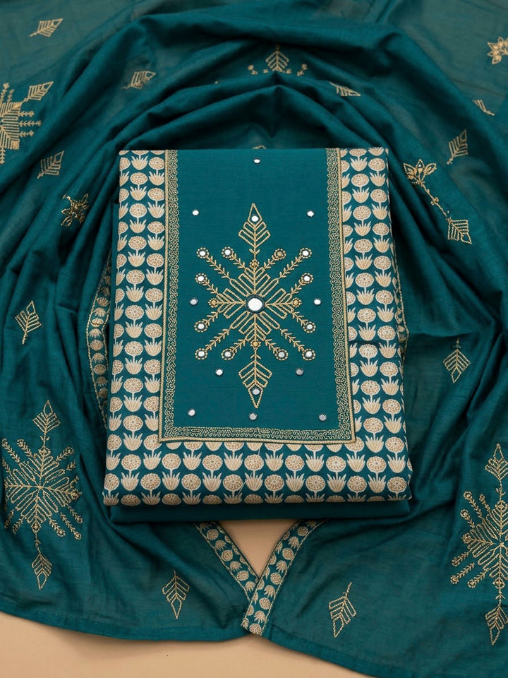 Blue Chanderi Embroidered Unstitched Dress Material