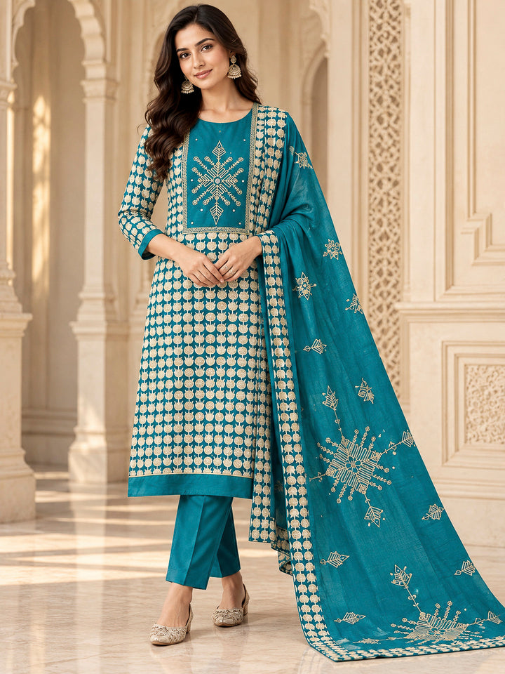 Blue Chanderi Embroidered Unstitched Dress Material
