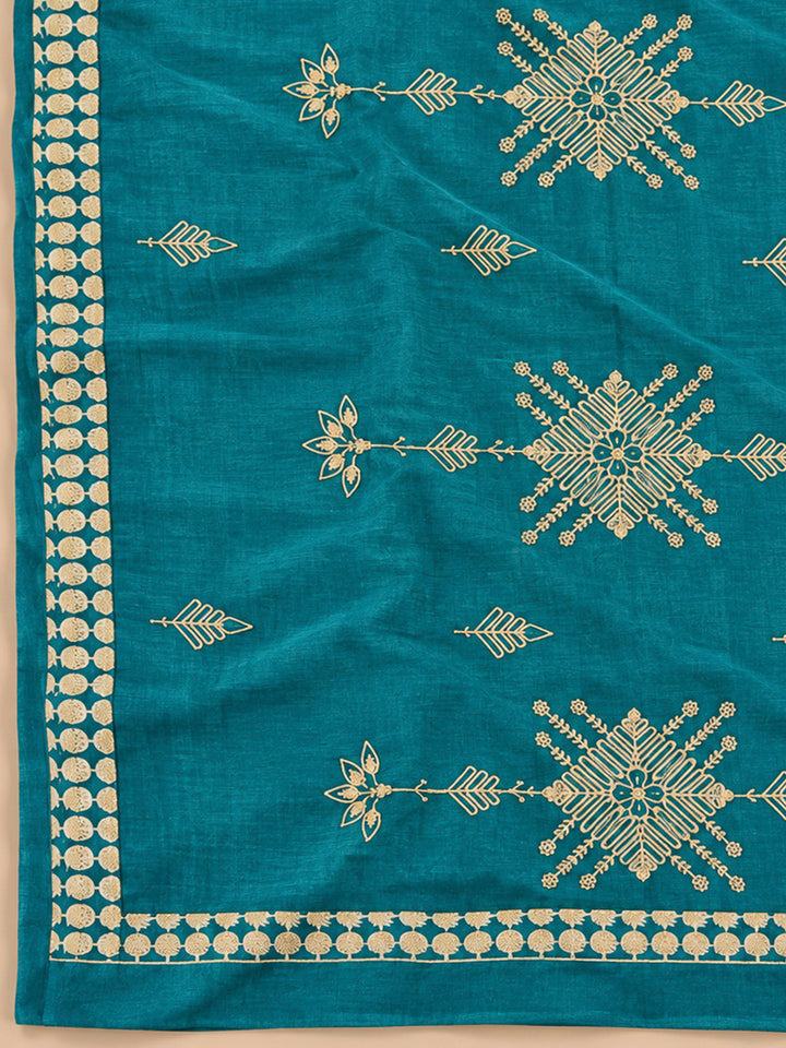 Blue Chanderi Embroidered Unstitched Dress Material