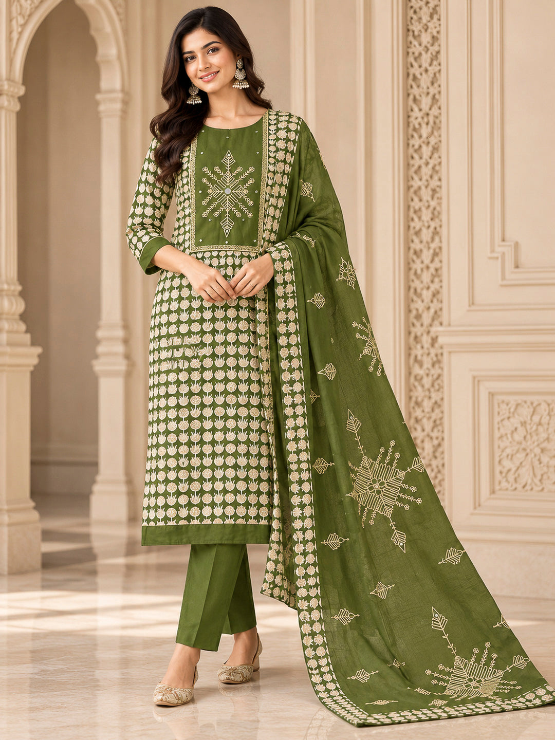 Mehndi Chanderi Embroidered Unstitched Dress Material
