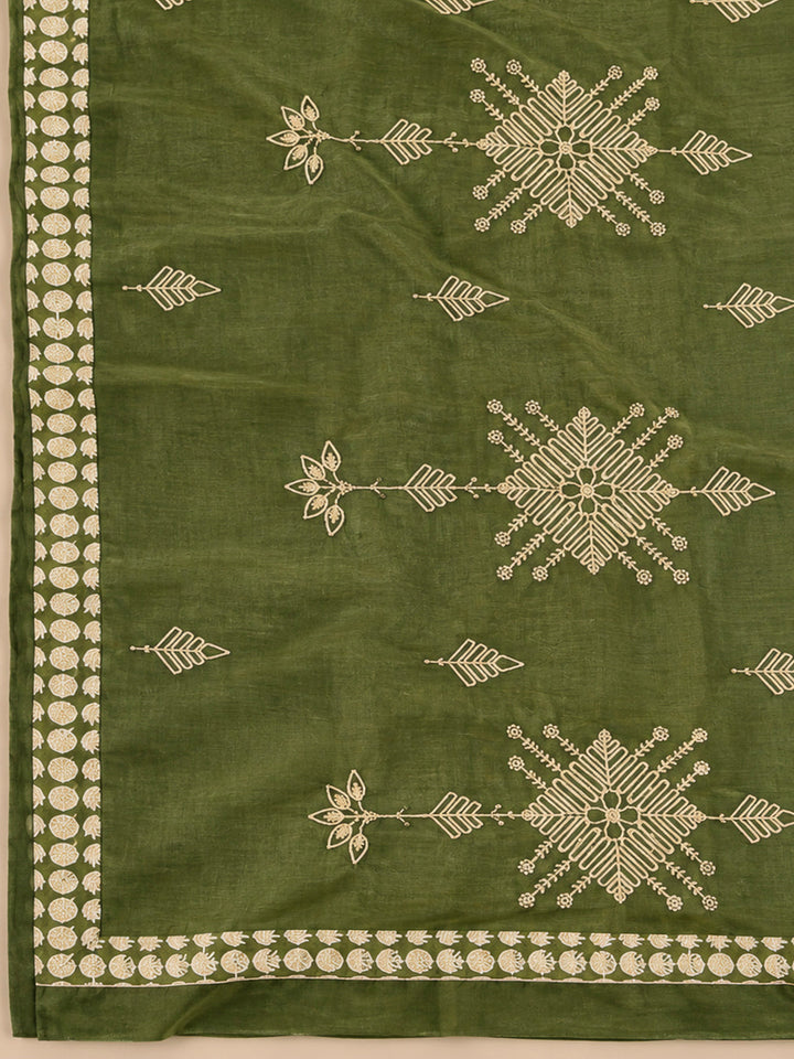 Mehndi Chanderi Embroidered Unstitched Dress Material