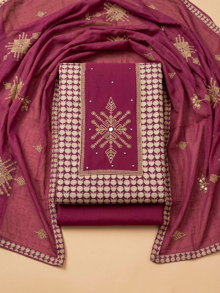 Onion Pink Chanderi Embroidered Unstitched Dress Material