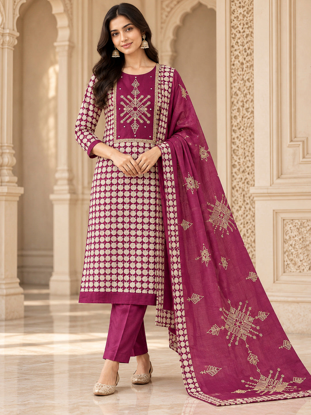 Onion Pink Chanderi Embroidered Unstitched Dress Material