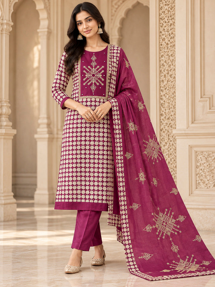 Onion Pink Chanderi Embroidered Unstitched Dress Material