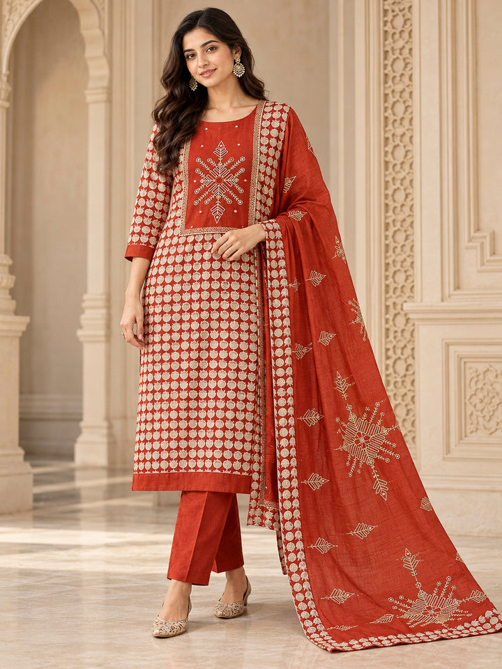 Rust Chanderi Embroidered Unstitched Dress Material