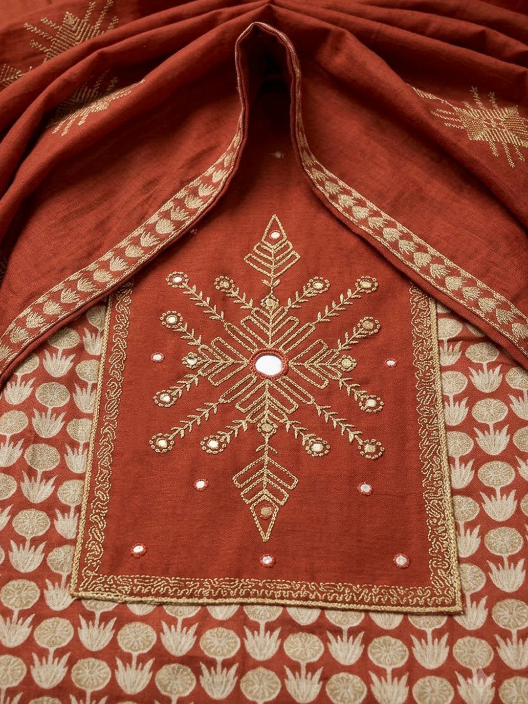 Rust Chanderi Embroidered Unstitched Dress Material