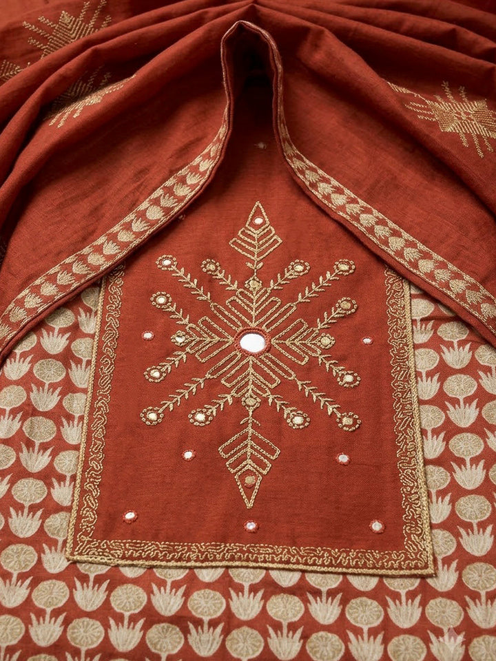 Rust Chanderi Embroidered Unstitched Dress Material