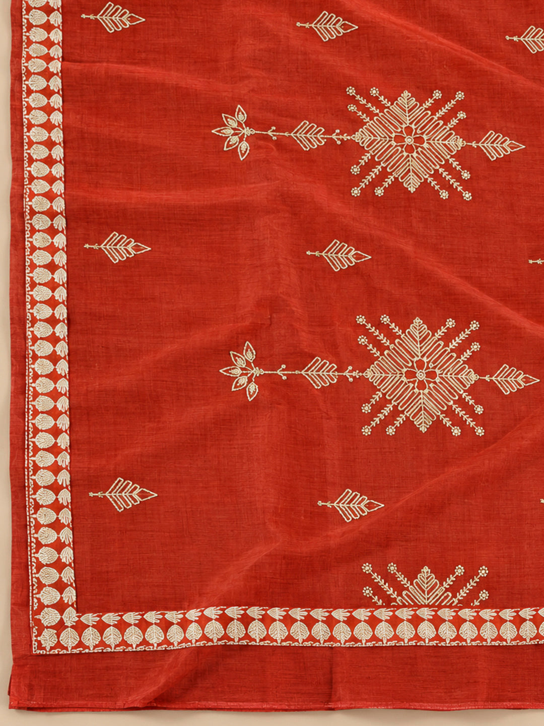 Rust Chanderi Embroidered Unstitched Dress Material