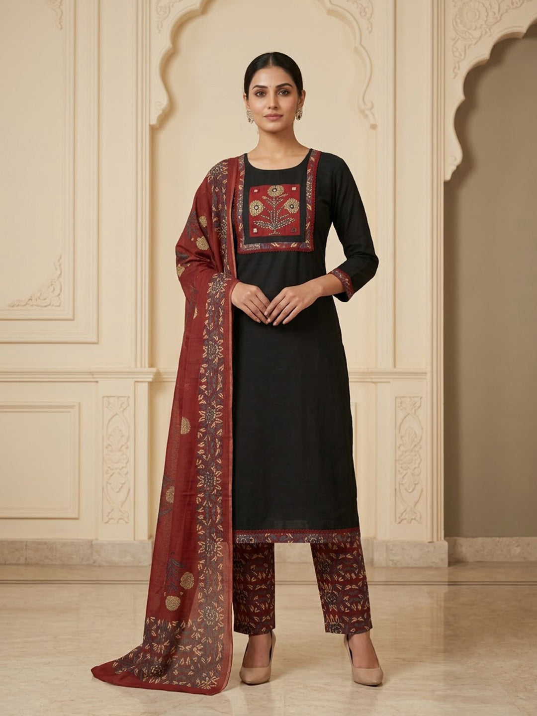 Black Cotton Blend Embroidered Unstitched Dress Material