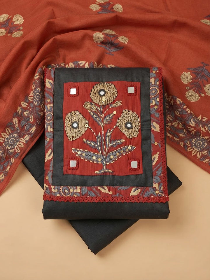 Black Cotton Blend Embroidered Unstitched Dress Material