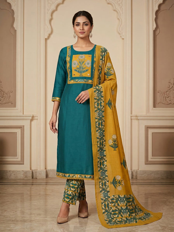 Blue Cotton Blend Embroidered Unstitched Dress Material
