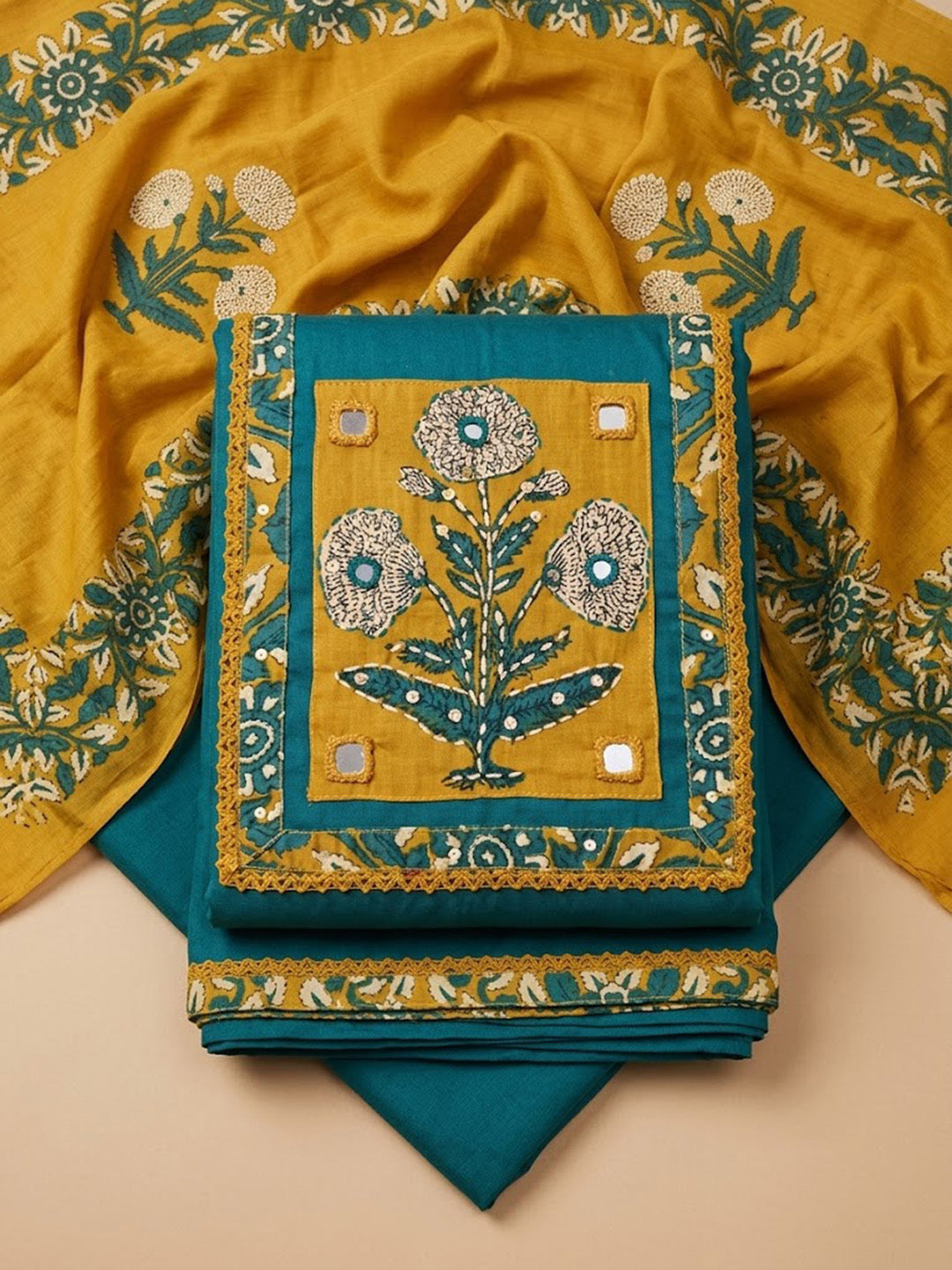 Blue Cotton Blend Embroidered Unstitched Dress Material