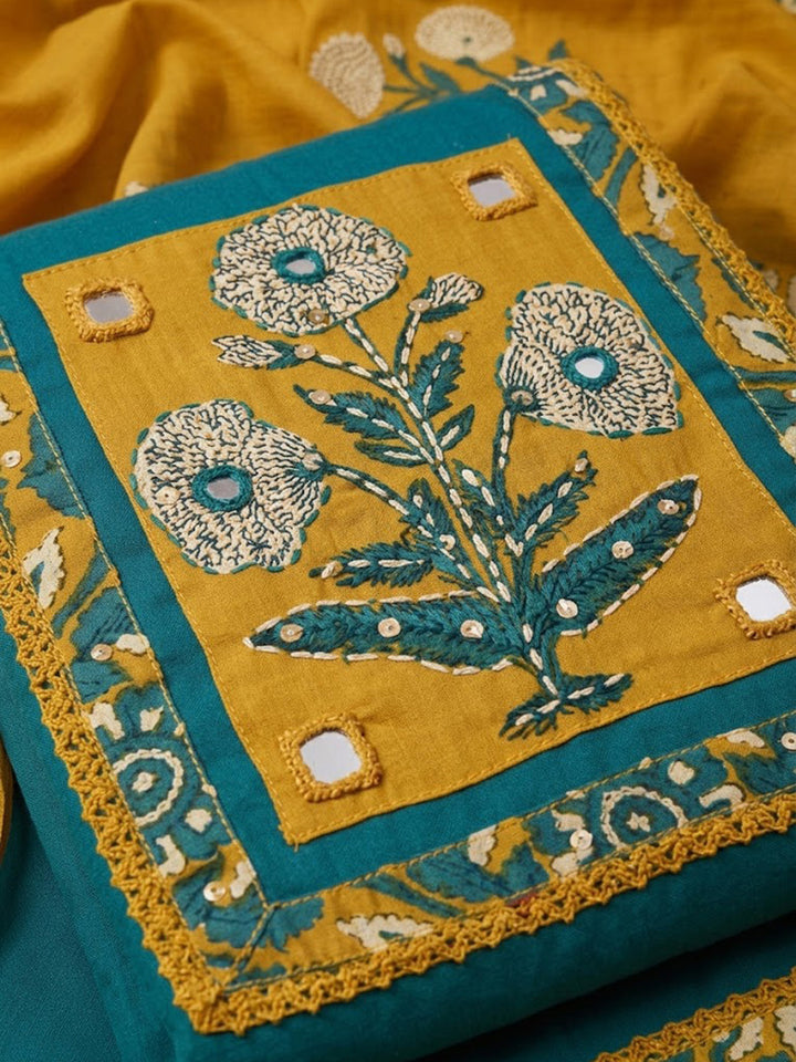 Blue Cotton Blend Embroidered Unstitched Dress Material
