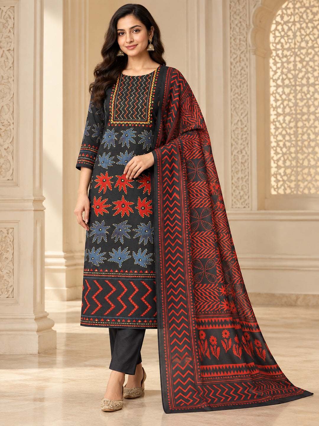 Black Cotton Blend Embroidered Unstitched Dress Material
