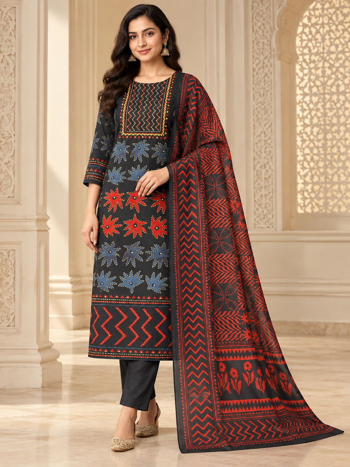 Black Cotton Blend Embroidered Unstitched Dress Material