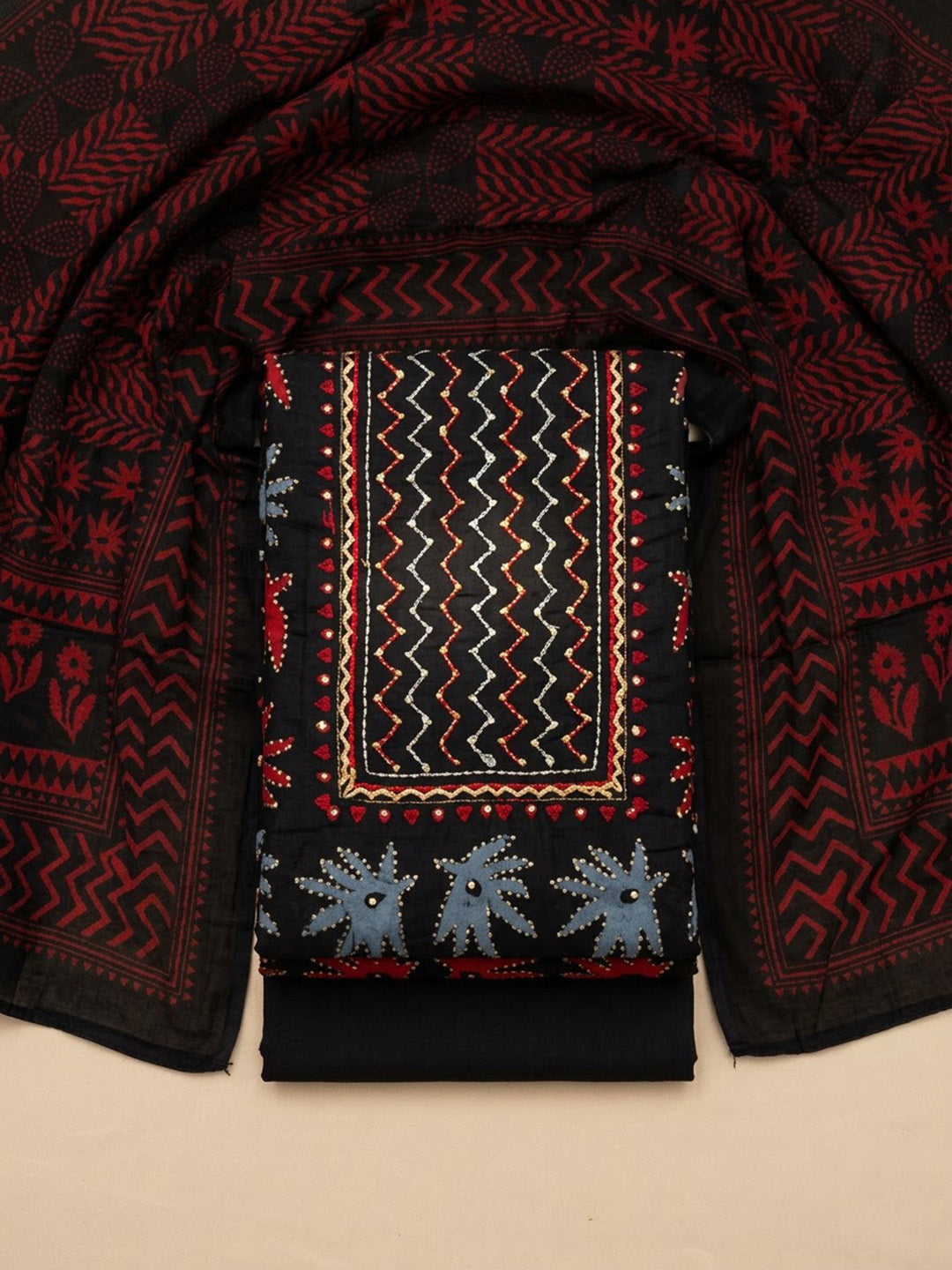 Black Cotton Blend Embroidered Unstitched Dress Material