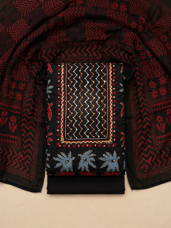 Black Cotton Blend Embroidered Unstitched Dress Material