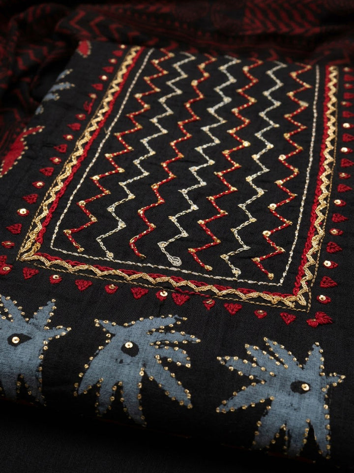 Black Cotton Blend Embroidered Unstitched Dress Material