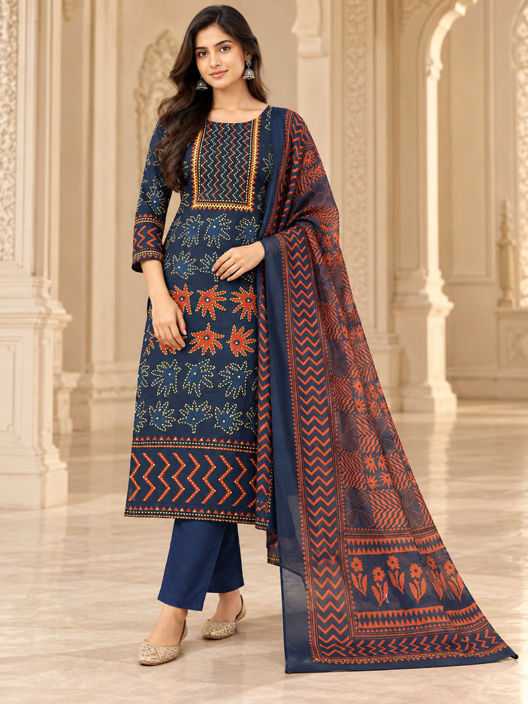 Blue Cotton Blend Embroidered Unstitched Dress Material