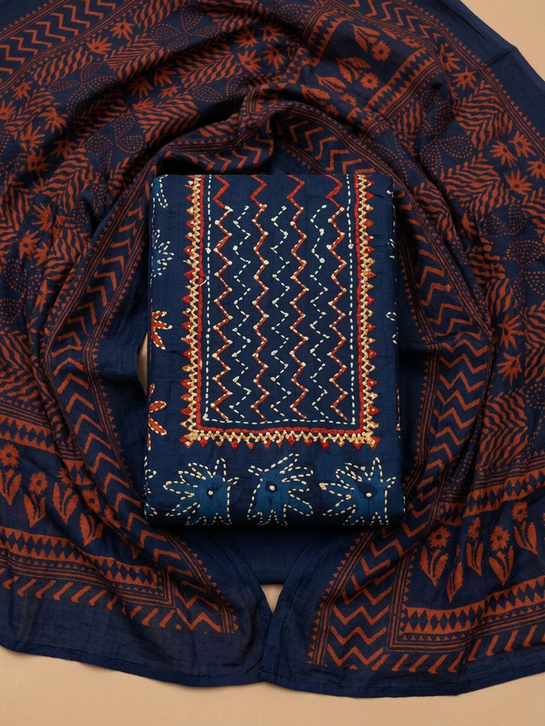 Blue Cotton Blend Embroidered Unstitched Dress Material