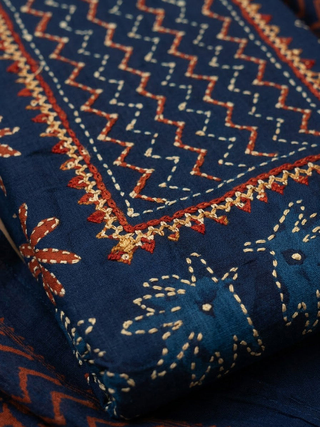 Blue Cotton Blend Embroidered Unstitched Dress Material