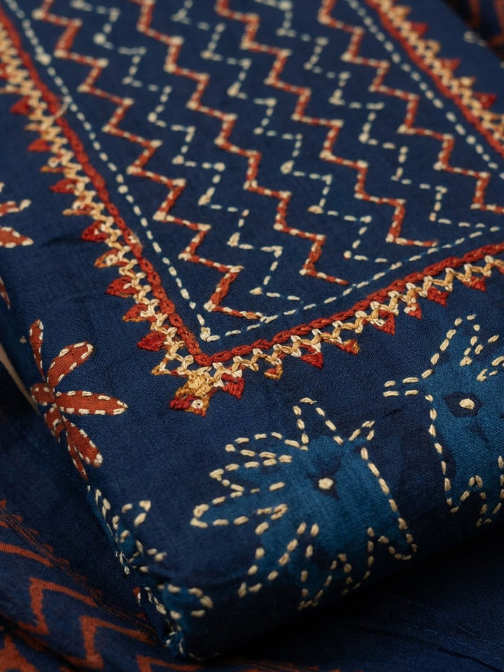 Blue Cotton Blend Embroidered Unstitched Dress Material