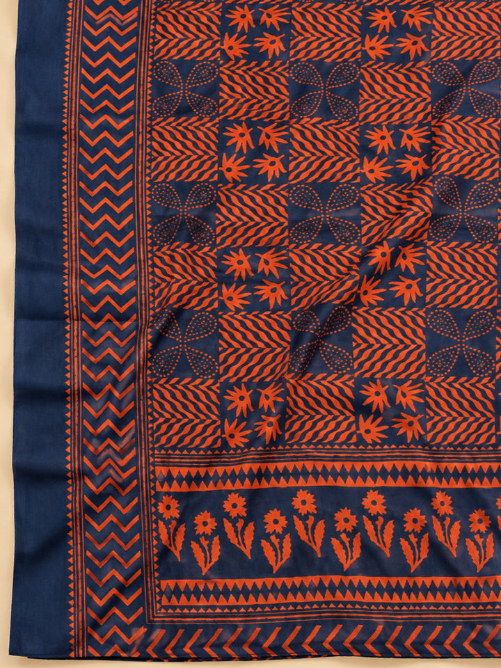 Blue Cotton Blend Embroidered Unstitched Dress Material
