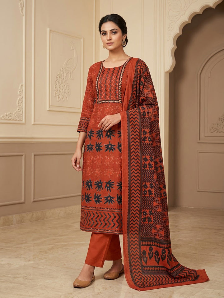 Red Cotton Blend Embroidered Unstitched Dress Material