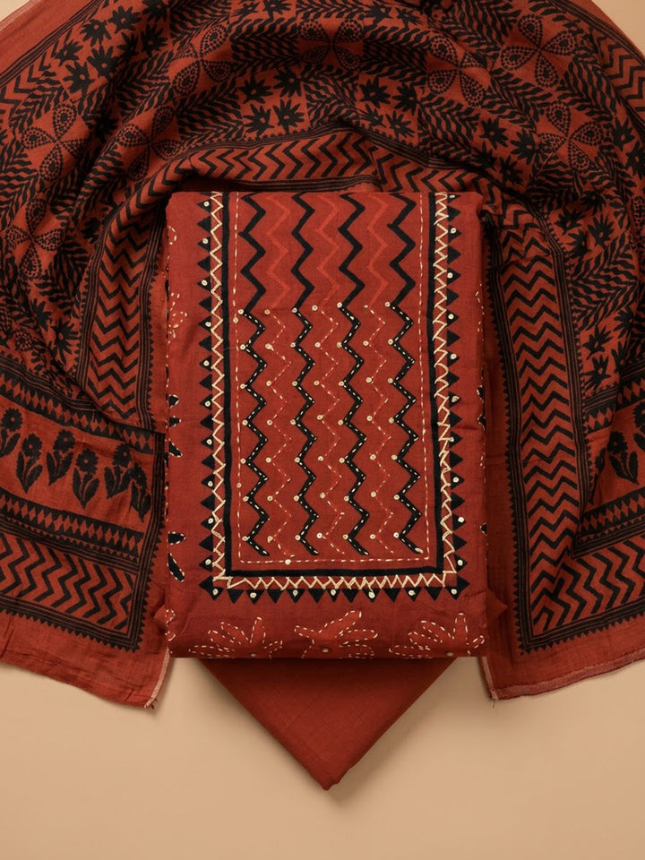 Red Cotton Blend Embroidered Unstitched Dress Material