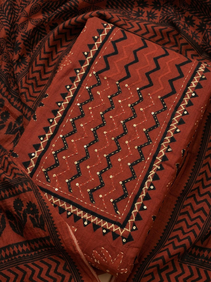 Red Cotton Blend Embroidered Unstitched Dress Material