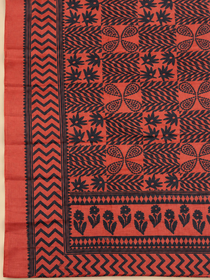 Red Cotton Blend Embroidered Unstitched Dress Material