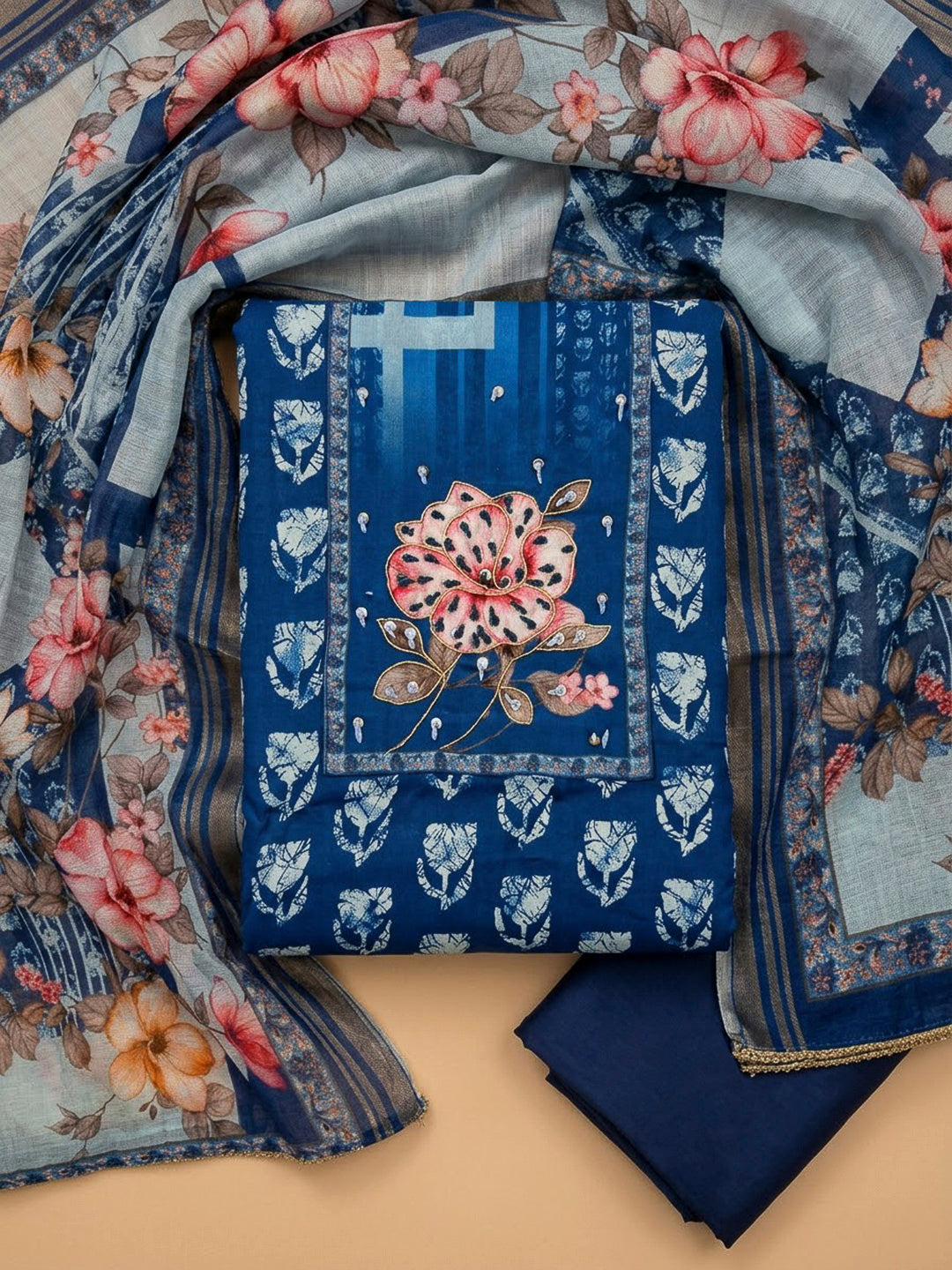 Indigo Cotton Blend Embroidered Unstitched Dress Material