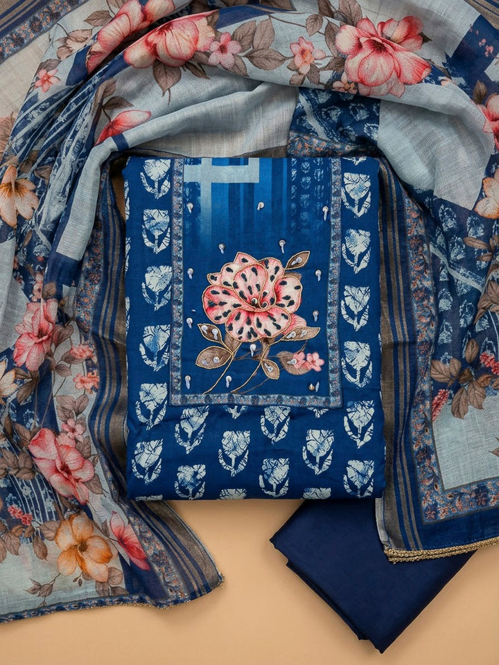 Indigo Cotton Blend Embroidered Unstitched Dress Material