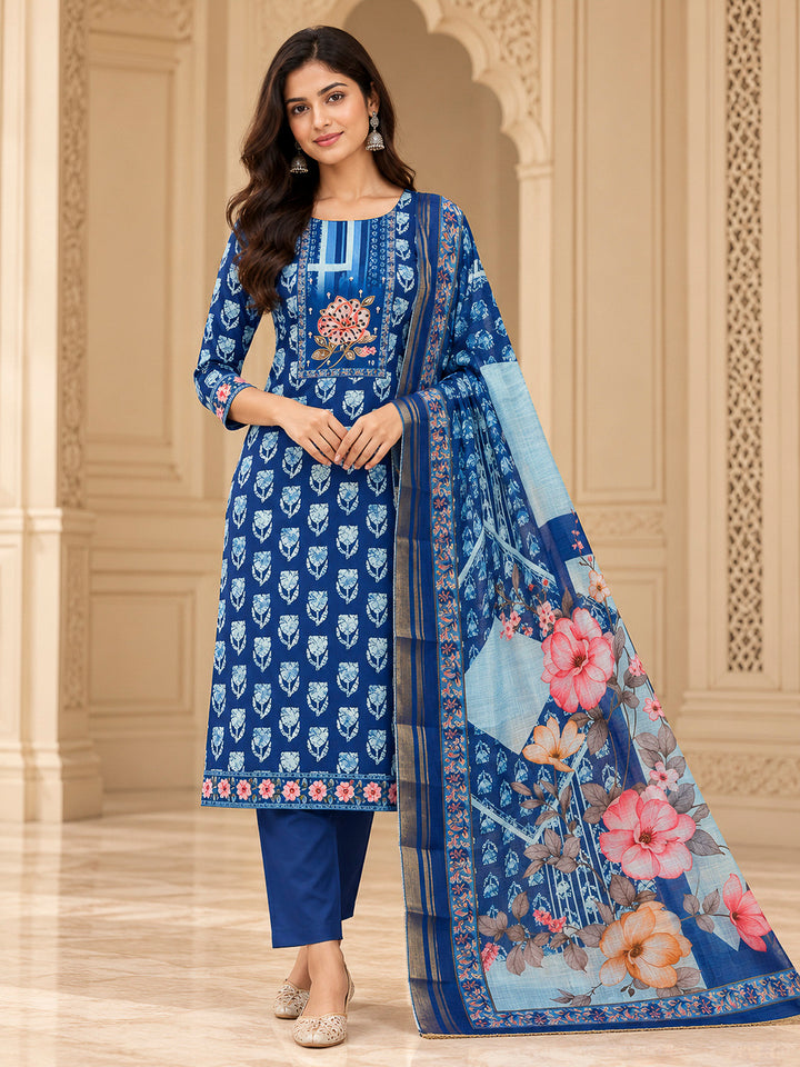 Indigo Cotton Blend Embroidered Unstitched Dress Material