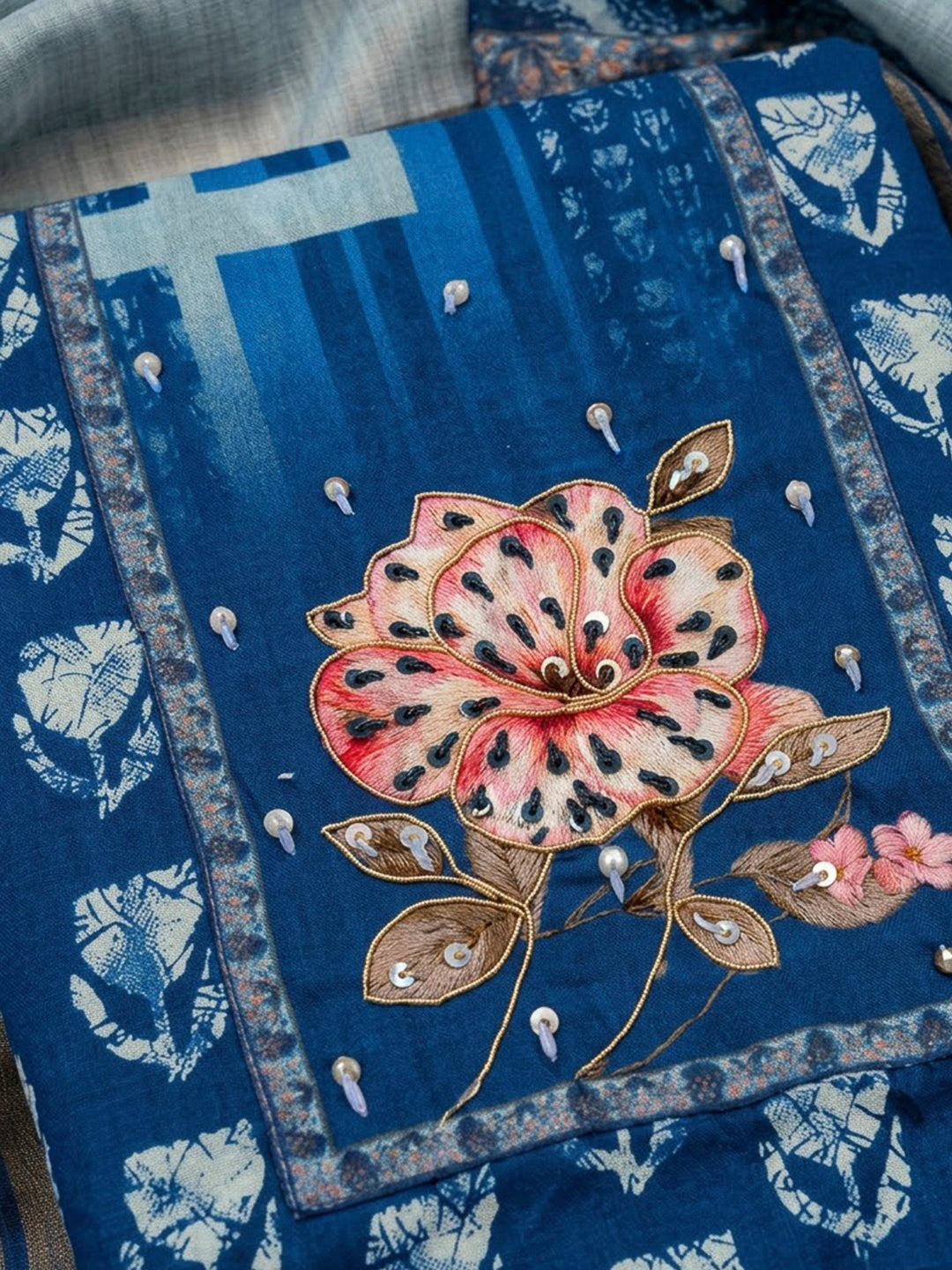 Indigo Cotton Blend Embroidered Unstitched Dress Material