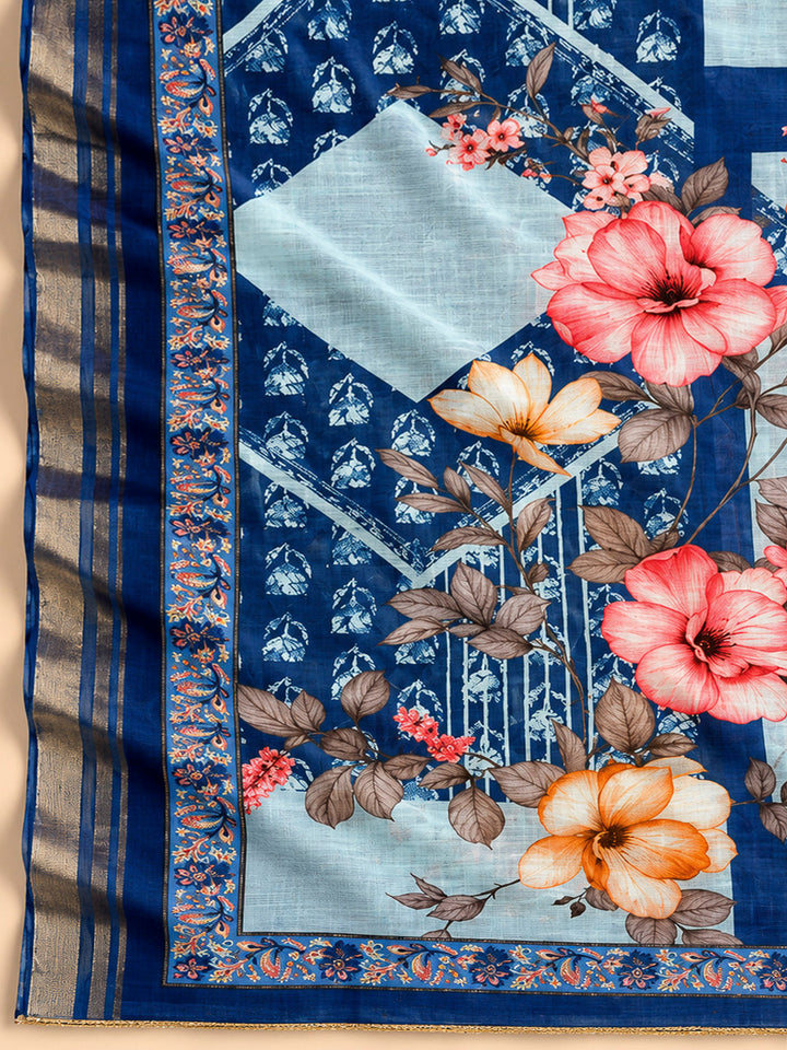 Indigo Cotton Blend Embroidered Unstitched Dress Material