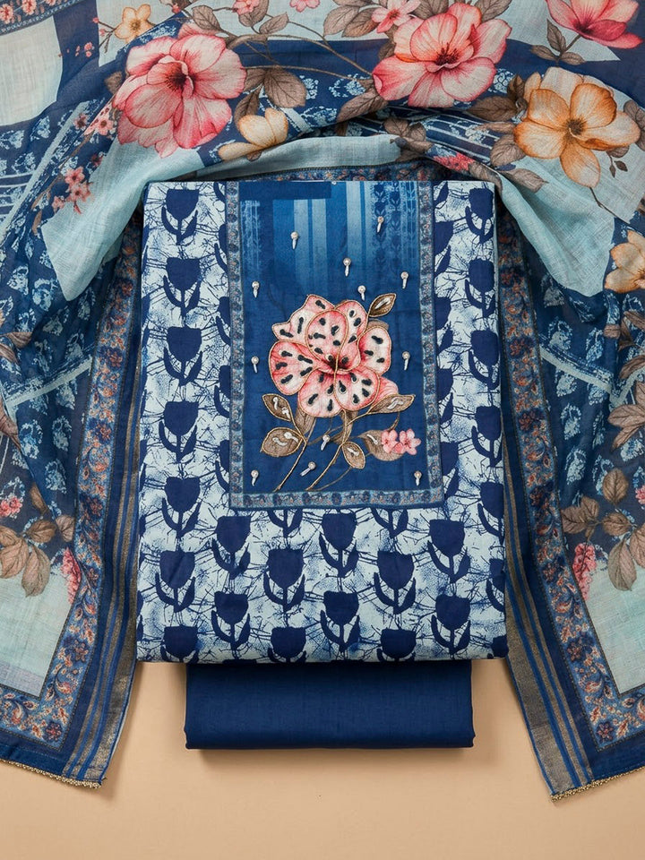 Indigo Cotton Blend Embroidered Unstitched Dress Material