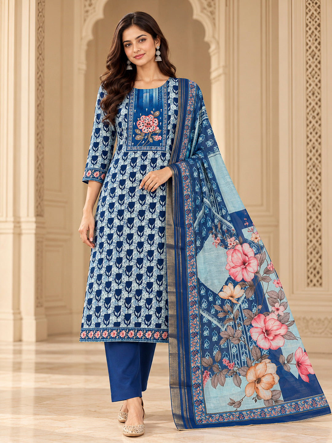 Indigo Cotton Blend Embroidered Unstitched Dress Material