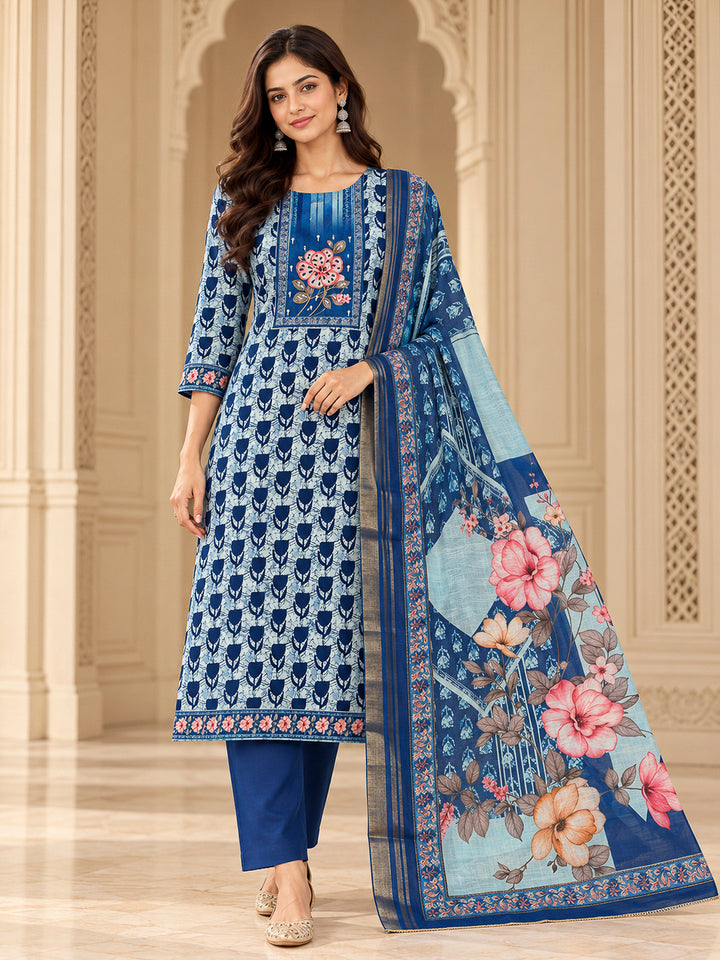 Indigo Cotton Blend Embroidered Unstitched Dress Material
