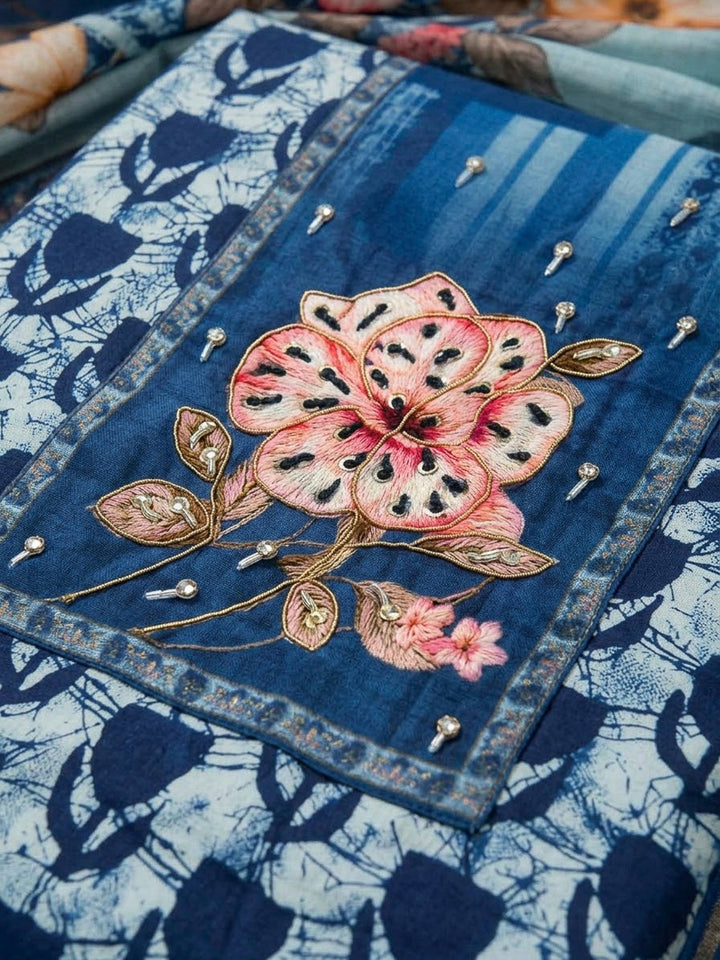 Indigo Cotton Blend Embroidered Unstitched Dress Material