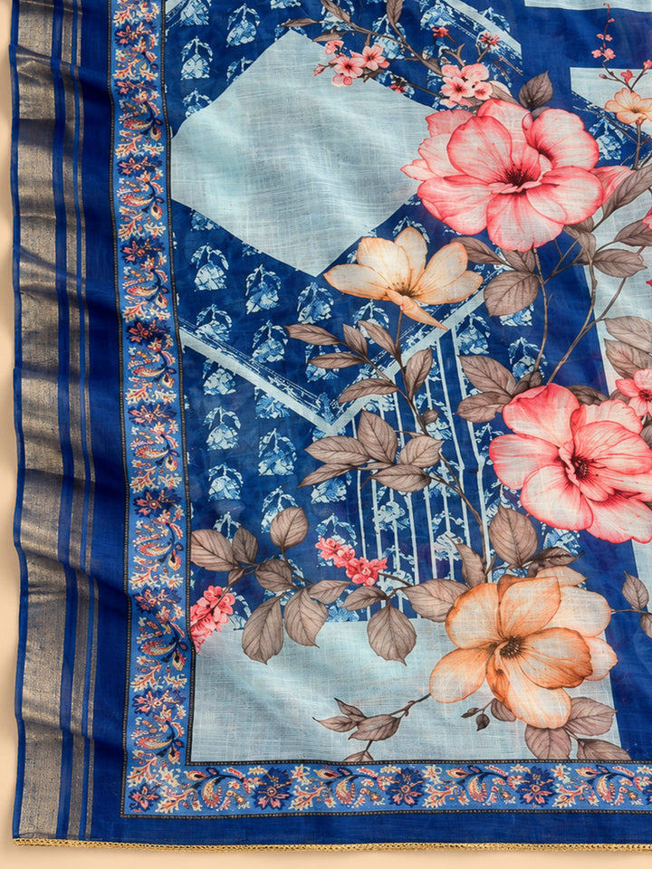 Indigo Cotton Blend Embroidered Unstitched Dress Material