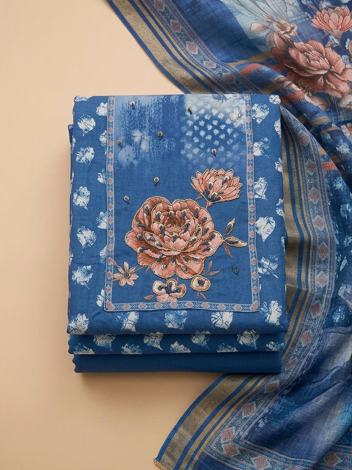 Indigo Cotton Blend Embroidered Unstitched Dress Material