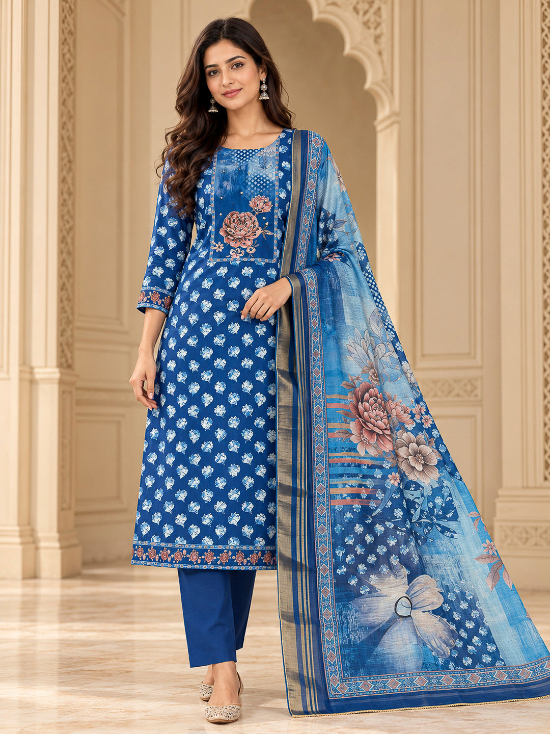 Indigo Cotton Blend Embroidered Unstitched Dress Material