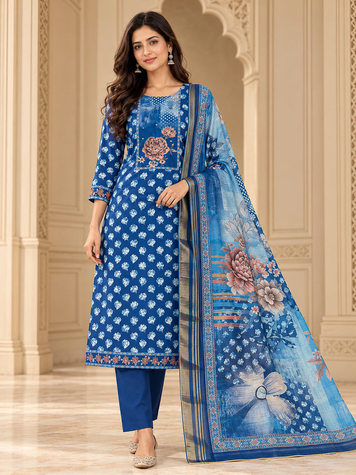Indigo Cotton Blend Embroidered Unstitched Dress Material