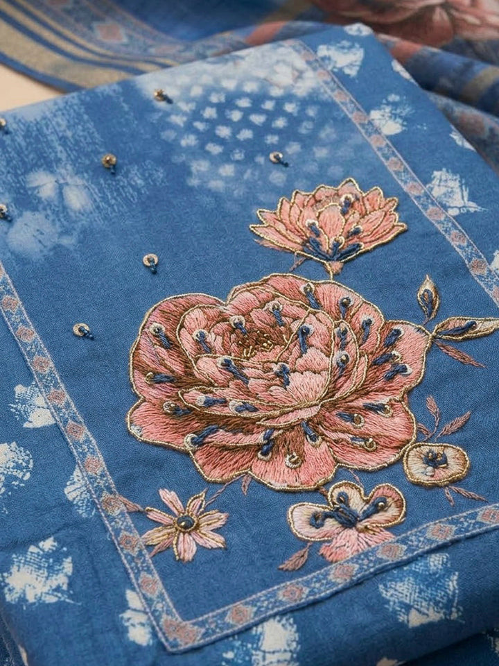 Indigo Cotton Blend Embroidered Unstitched Dress Material