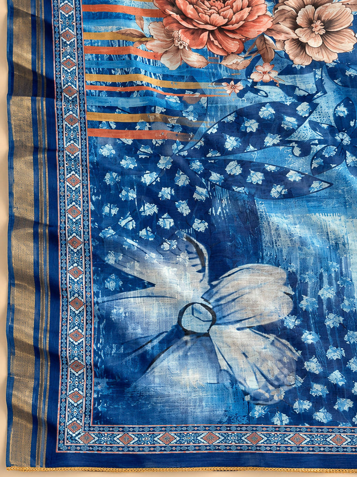 Indigo Cotton Blend Embroidered Unstitched Dress Material