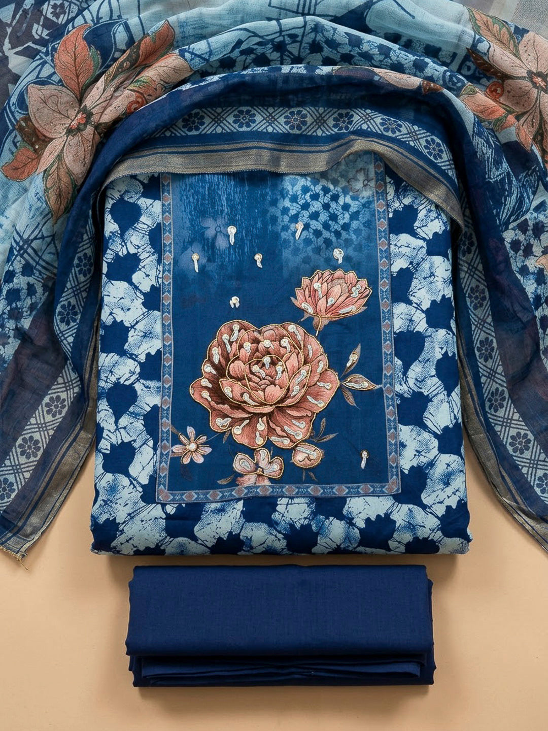 Indigo Cotton Blend Embroidered Unstitched Dress Material