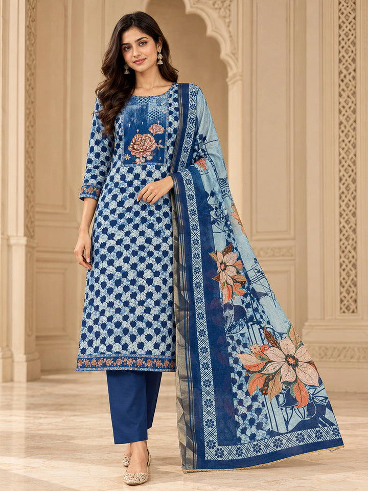 Indigo Cotton Blend Embroidered Unstitched Dress Material