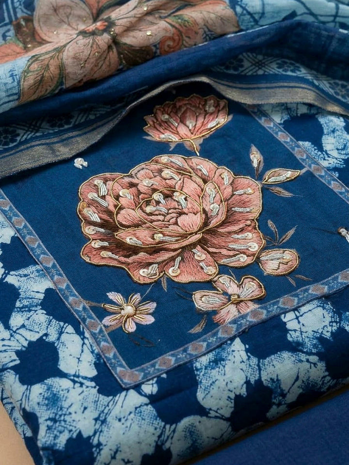 Indigo Cotton Blend Embroidered Unstitched Dress Material