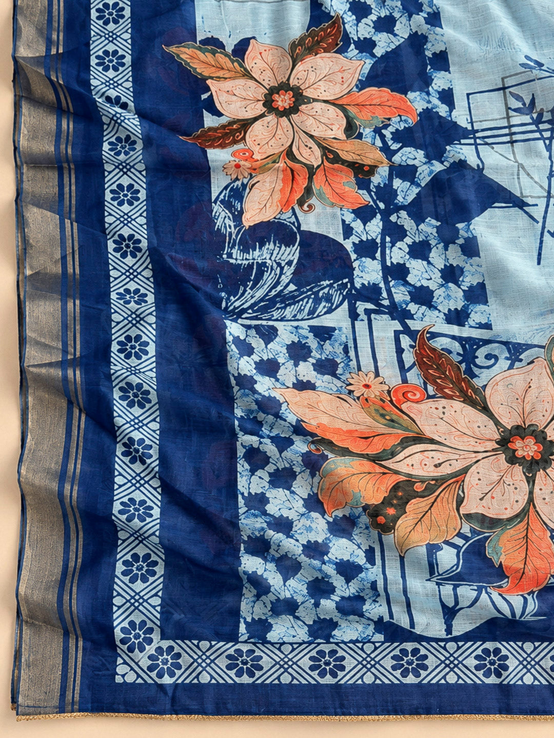 Indigo Cotton Blend Embroidered Unstitched Dress Material